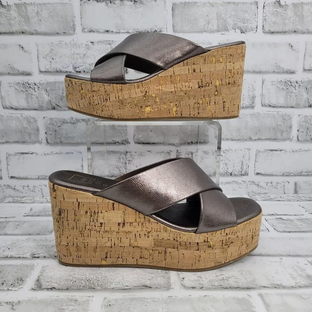ShuShop Metallic Brown Crisscross Cork Wedge Sandals